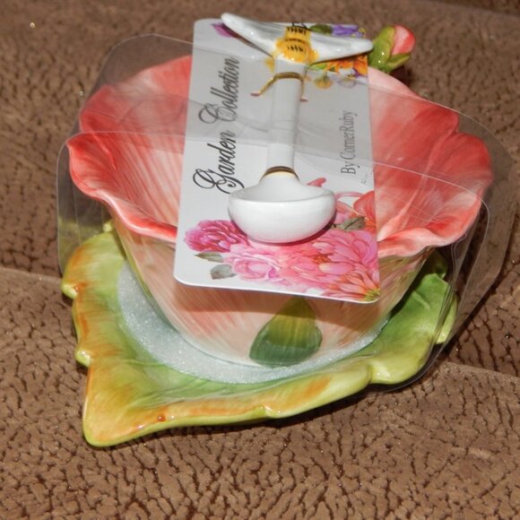 Corner Ruby Garden Collection Salmon Pink Flower Teacup Leaf Saucer & Spoon NWT - Picture 3 of 8